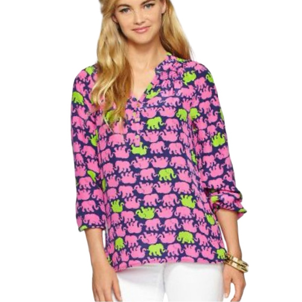 LILLY PULITZER Popover Blouse Silk Kissy Pink Tusk in Sun Elephant Size XXS